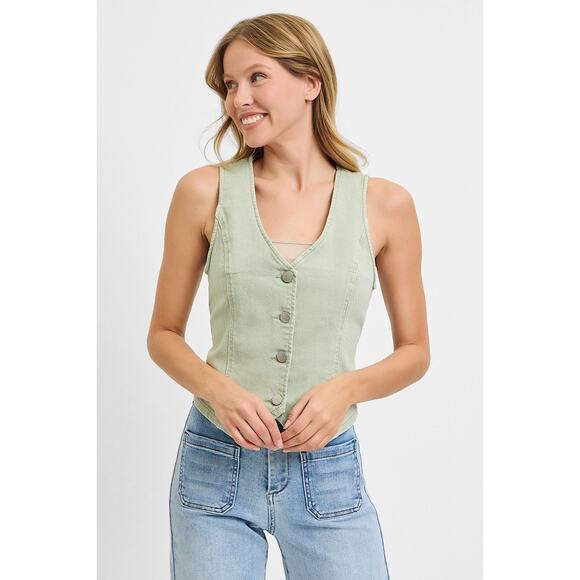 RISEN V-Neckline Button Closure Sleeveless Stretch Casual Denim Vest | Pistachio - Picture 6 of 7
